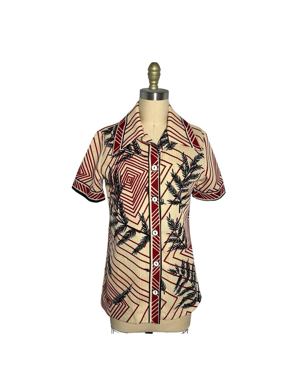 Vintage 70s Trissi Mod Geometric Leaf Print Blouse Red Black Womens M